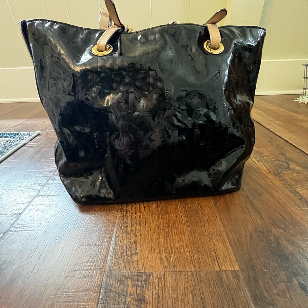 Michael Kors  black patent leather embossed tan handle tote bag